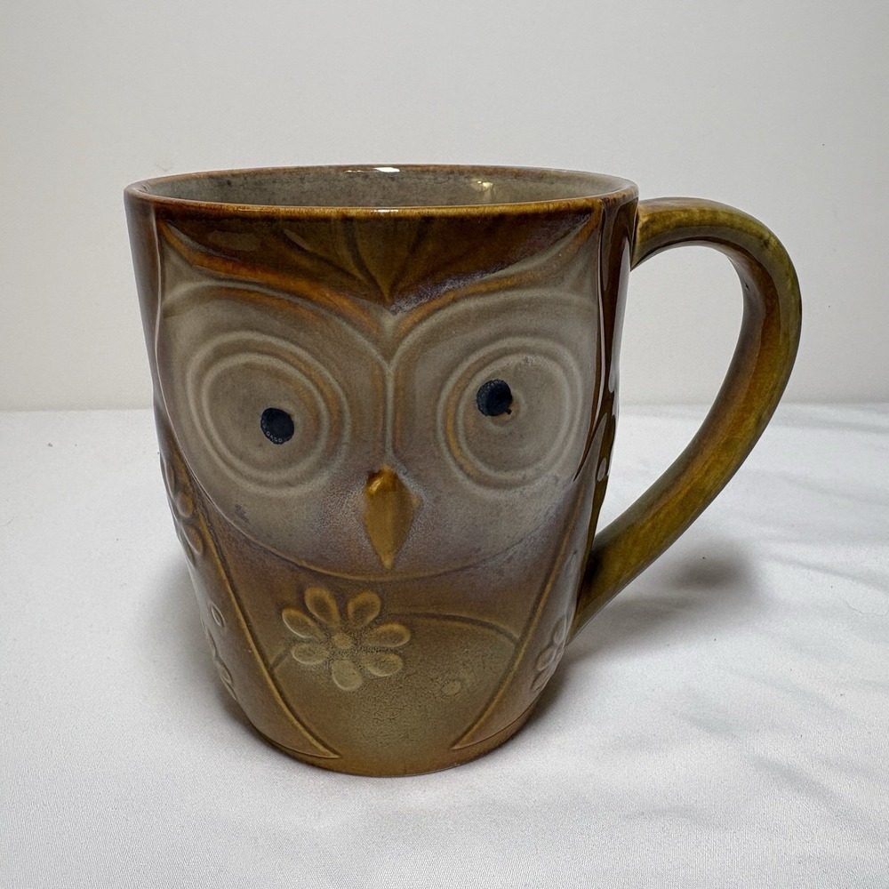 Owl Glazed Ceramic Stoneware Large Coffee Mug Mid Century Retro Rustic Whimsical